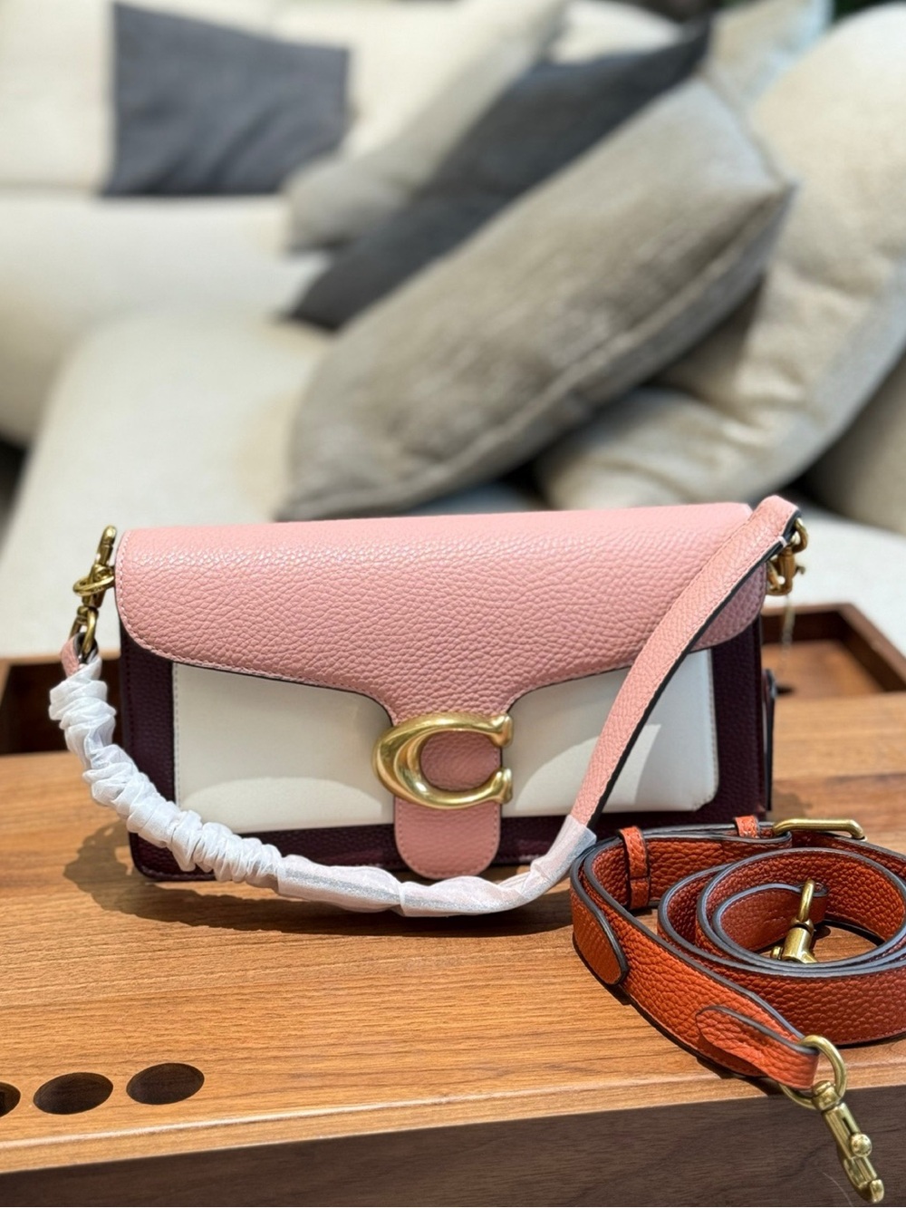 Coach Pink, White & Burgundy Colorblock Pebbled Leather Crossbody
